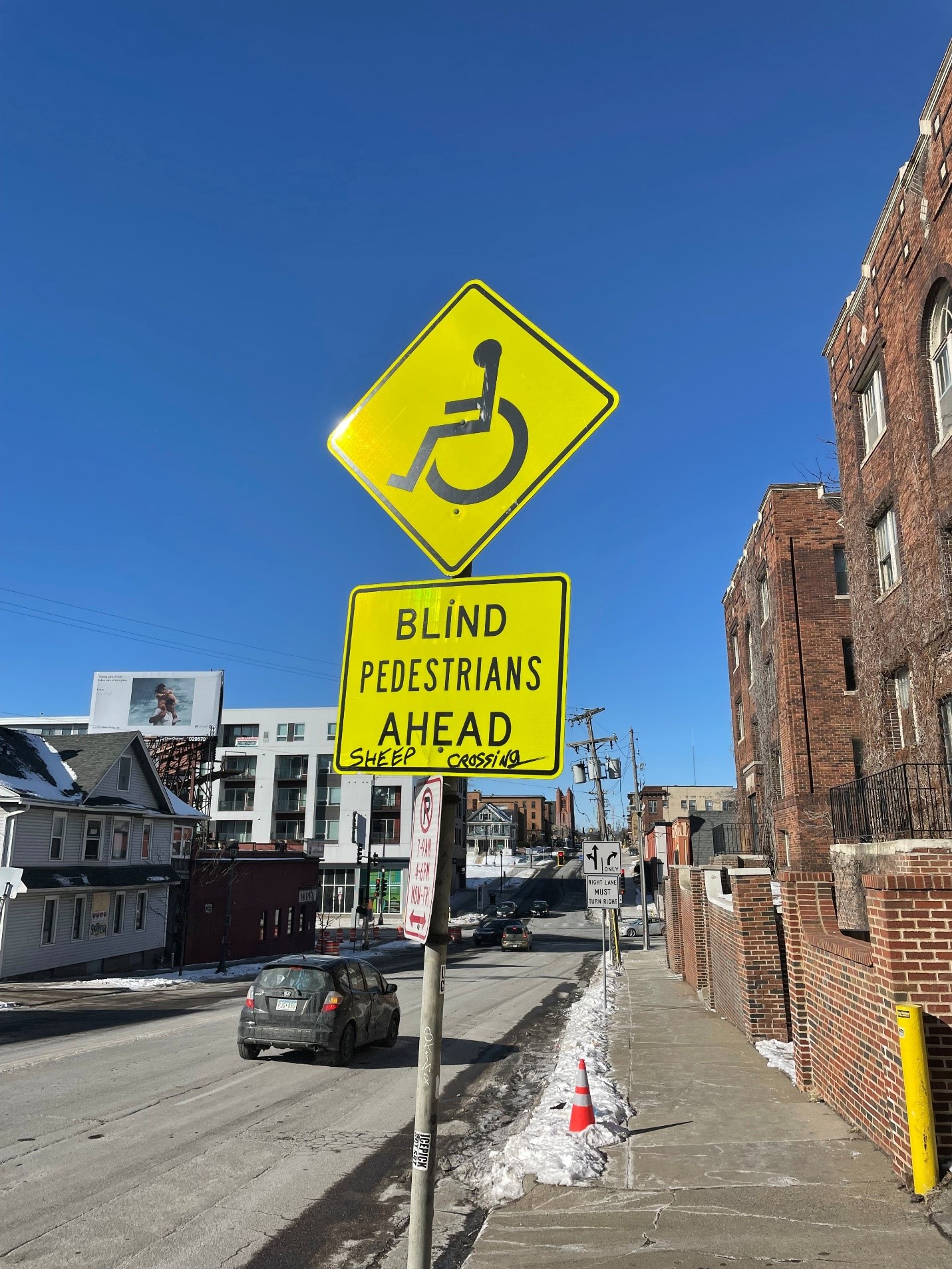 Photo of two adjoined traffic signs on a sign pole on the side of a road. The top sign displays a person in a wheelchair. The bottom sign reads "Blind Pedestrians Ahead". Graffiti on the bottom sign reads "sheep crossing".